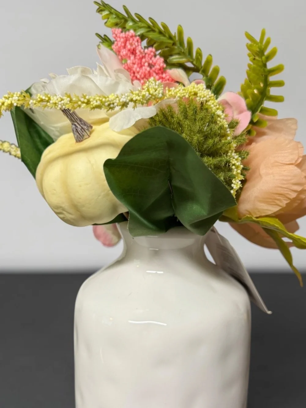 NWOT Fall Floral Arrangement White Pumpkin Ceramic Vase